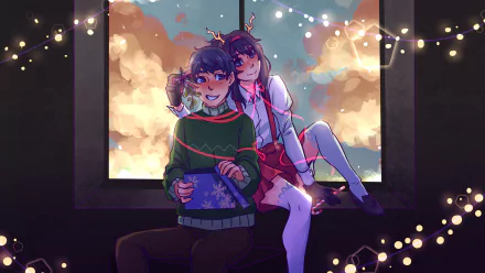 2K Quad HD PC desktop wallpaper of Ayano Aishi and Taro Yamada from the video game Yandere Simulator, sitting by a window at sunset with fairy lights glowing.