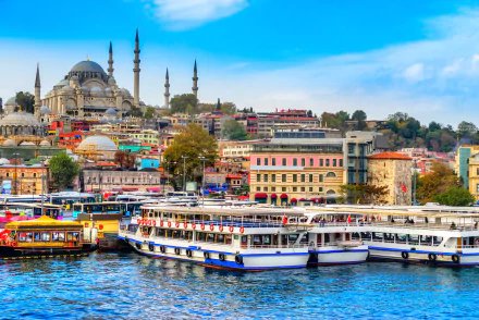 A vibrant 4K Ultra HD image of Istanbul’s skyline featuring historic mosques and bustling waterfront with boats, showcasing the city’s man-made architectural beauty.