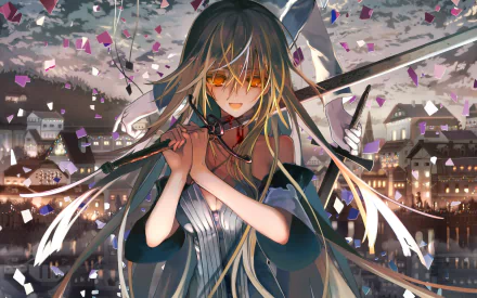 HD desktop wallpaper featuring a character from Aim the Deepest Part of A Different World Labyrinth anime, holding a sword with a detailed, vibrant backdrop of a city at dusk.