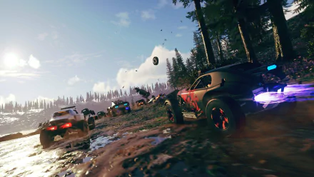 HD Onrush game wallpaper featuring high-speed racing action with cars on a muddy forest track.