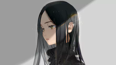 HD anime wallpaper featuring a female character with long black hair against a light background. The artwork has a calm and reflective atmosphere, positioned to the side. Tags: black hair, Anime, Original.