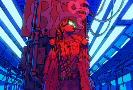A cyberpunk character, wearing futuristic goggles and smoking, stands in a high-tech environment with glowing blue and red neon lights. HD desktop wallpaper and background tagged with Sci Fi and smoking.