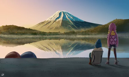 HD wallpaper of Rin Shima and Nadeshiko Kagamihara from Laid-Back Camp (Yuru Camp) gazing at a serene mountain landscape with a lake reflection, encapsulating the anime's peaceful camping atmosphere.