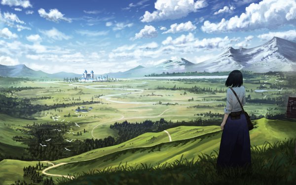 Anime Original Short Hair Black Hair Bag Castle Mountain Cloud HD Wallpaper | Background Image