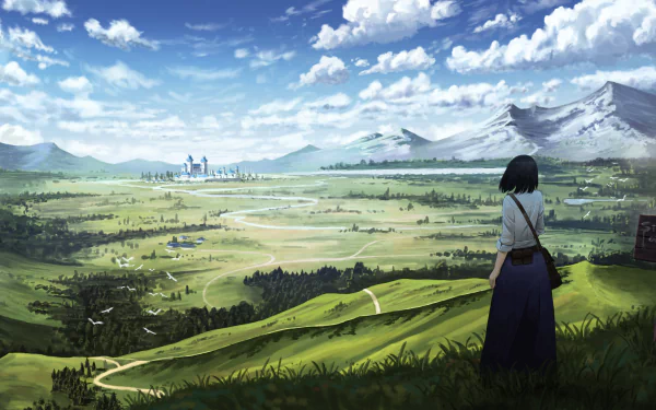An anime scene featuring a person with black short hair and a bag, overlooking a vast green field with mountains, castles, and clouds in the distance. HD desktop wallpaper and background.