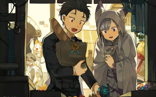 Anime characters Subaru Natsuki and Emilia from Re:Zero - Starting Life in Another World excitedly shopping in a market. The HD wallpaper includes a tag for Mimi Pearlbaton.