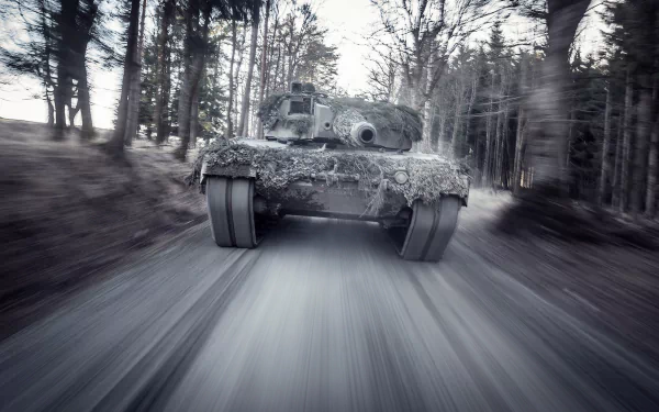 HD desktop wallpaper: a Leopard 2 military tank charging down a forest road with dramatic motion blur conveying speed and power.