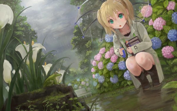 Anime Original Umbrella Rain Flower Twintails Short Hair Blonde Green Eyes HD Wallpaper | Background Image