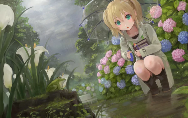 Anime-style blonde girl with green eyes and short twintails holds a transparent umbrella surrounded by flowers in the rain, captured in an HD desktop wallpaper background.