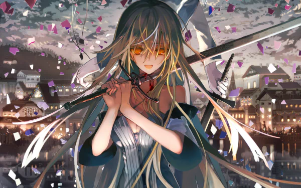 HD desktop wallpaper featuring a character from Aim the Deepest Part of A Different World Labyrinth anime, holding a sword with a detailed, vibrant backdrop of a city at dusk.