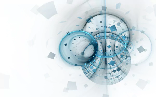 Abstract circular blue-white design with overlapping translucent rings and floating geometric fragments — 5K Ultra HD PC desktop wallpaper background.