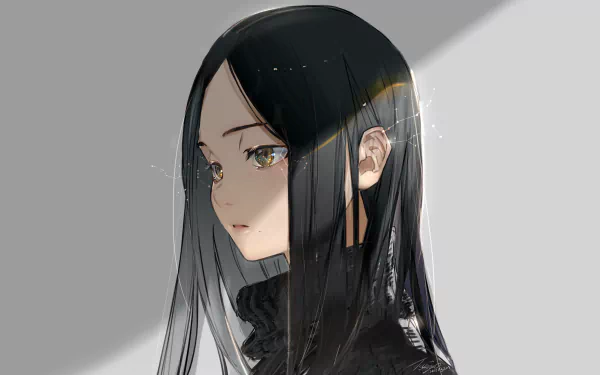 HD anime wallpaper featuring a female character with long black hair against a light background. The artwork has a calm and reflective atmosphere, positioned to the side. Tags: black hair, Anime, Original.