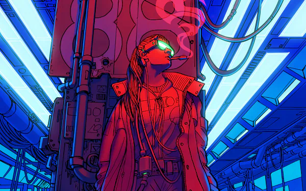 A cyberpunk character, wearing futuristic goggles and smoking, stands in a high-tech environment with glowing blue and red neon lights. HD desktop wallpaper and background tagged with Sci Fi and smoking.