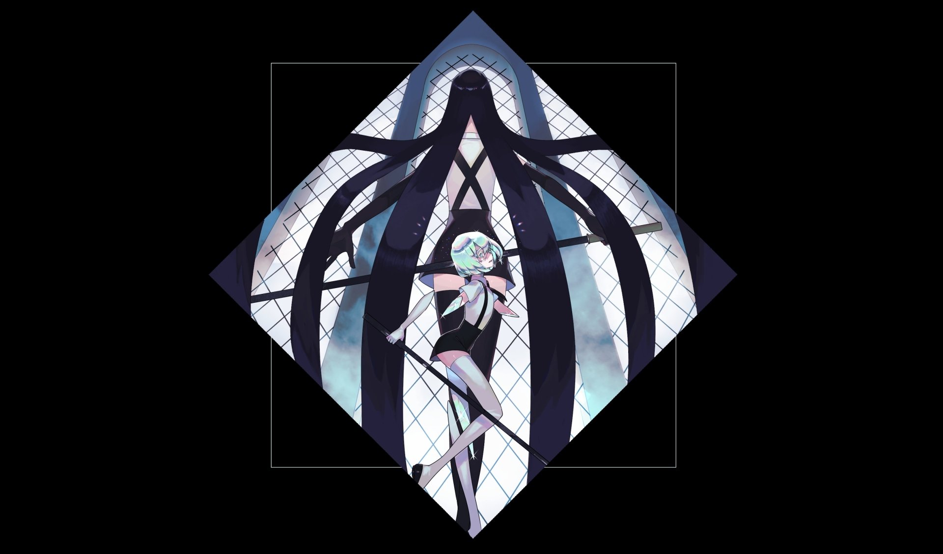 Bort (Diamond) from Land of the Lustrous — anime figure in a gothic arched crystalline frame with blue hues; 2K Quad HD PC desktop wallpaper/background.