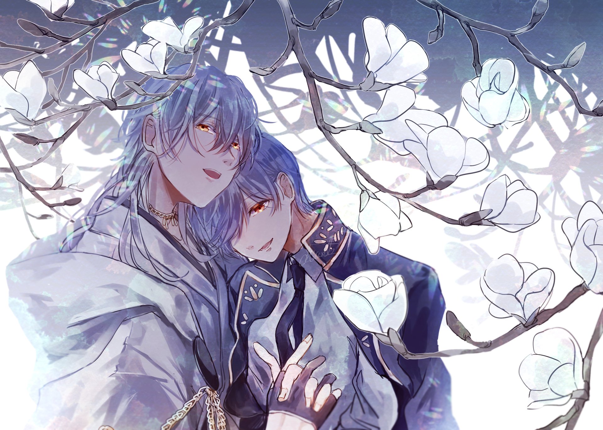 2K Quad HD PC desktop wallpaper: anime art of Touken Ranbu's Tsurumaru Kuninaga and Ichigo Hitofuri close beneath white magnolia blooms, soft pastel tones and delicate linework.