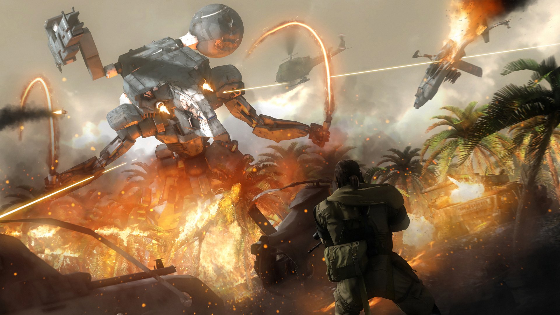 4K Ultra HD PC desktop wallpaper/background: sci‑fi military battle with a towering combat robot amid explosions, helicopters and fighters firing as a soldier crouches in the foreground.