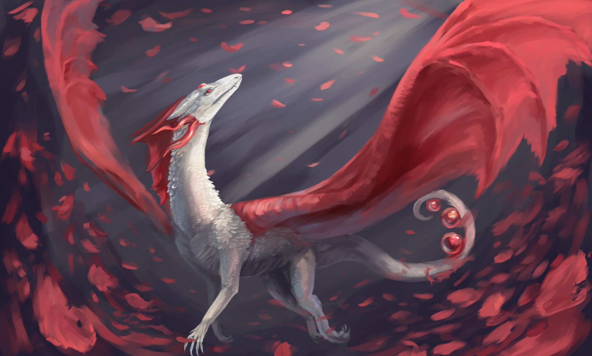 HD fantasy desktop wallpaper featuring a majestic dragon with red wings soaring amidst a flurry of red petals.