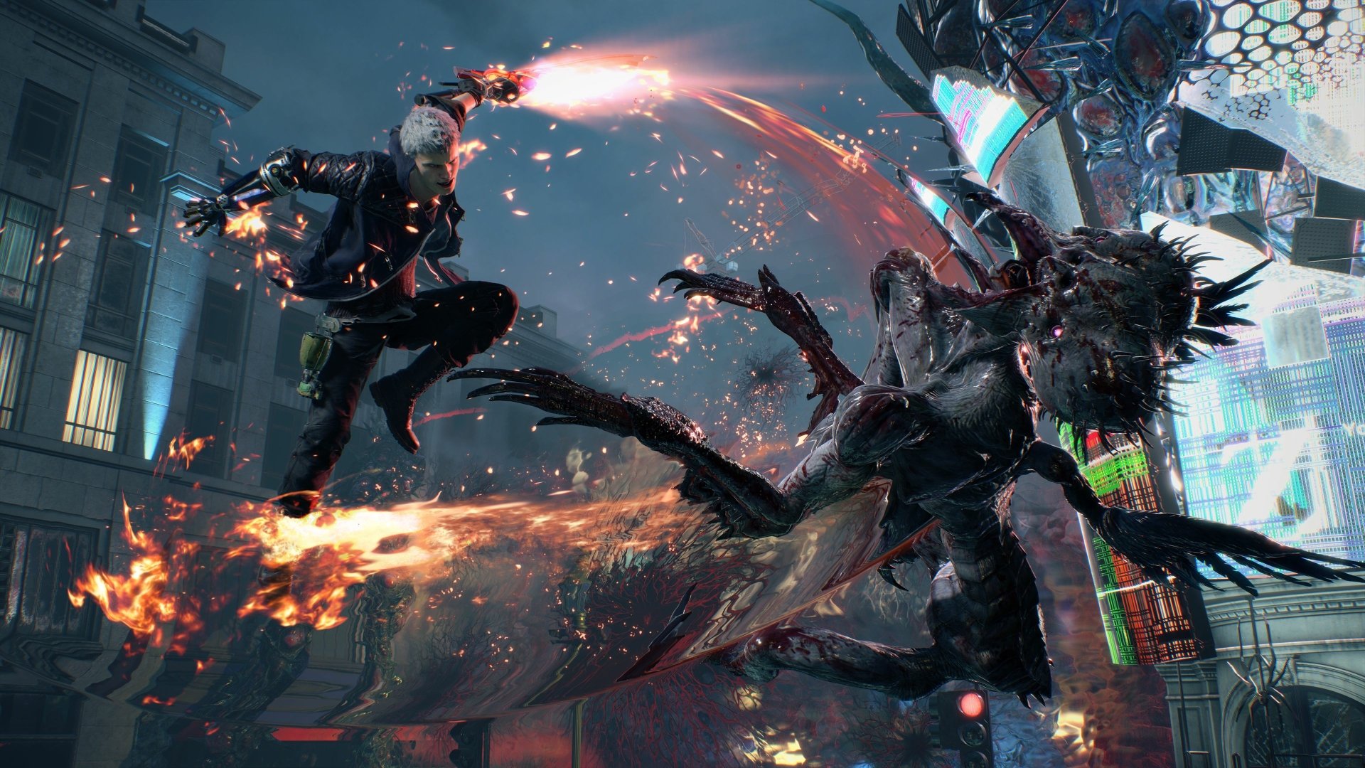 Nero from Devil May Cry 5 battles a demonic creature in a dynamic 4K Ultra HD video game wallpaper for PC desktop background.
