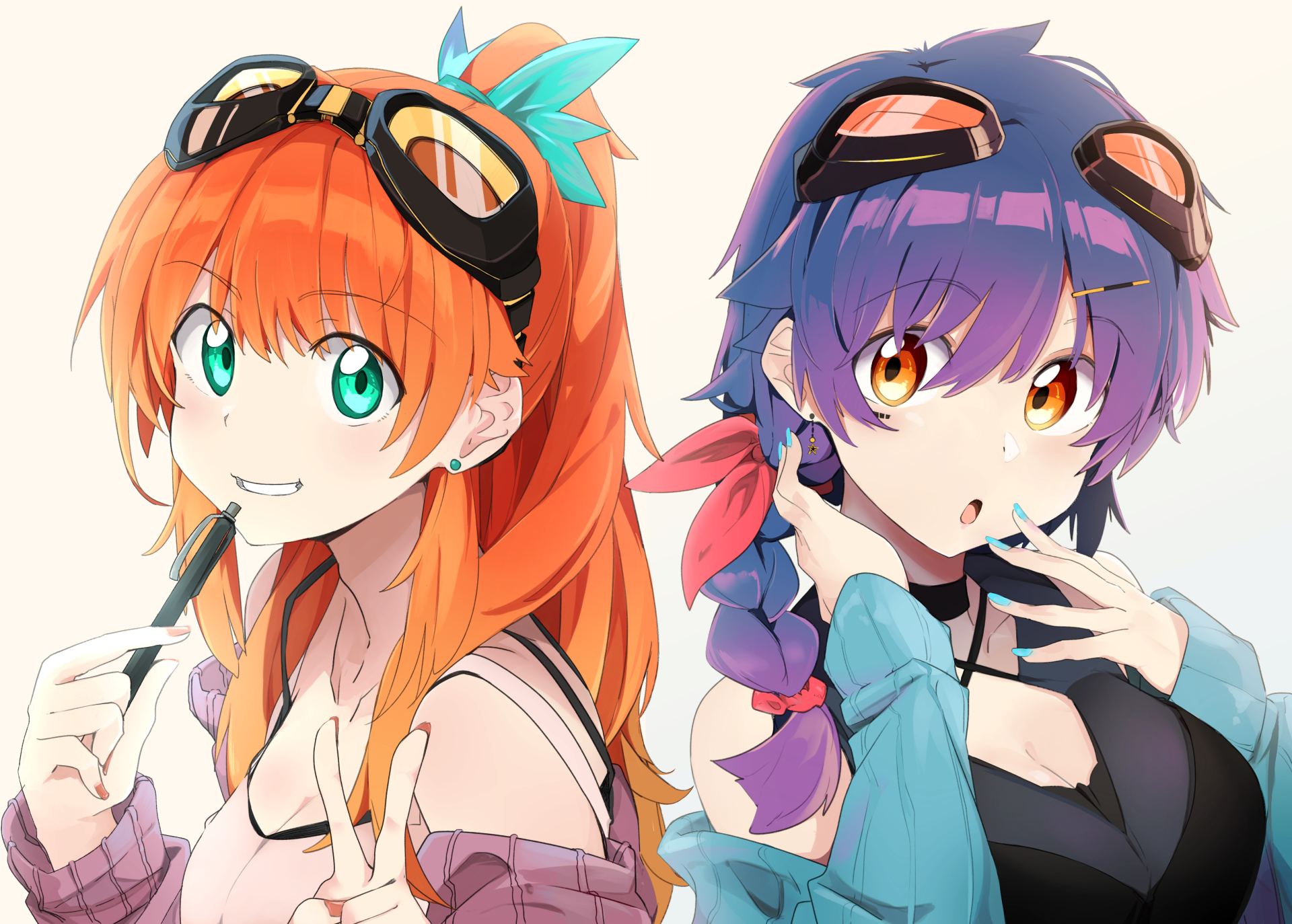 HD desktop wallpaper featuring original anime artwork of two characters with vibrant hair colors and goggles, portraying playful and surprised expressions.