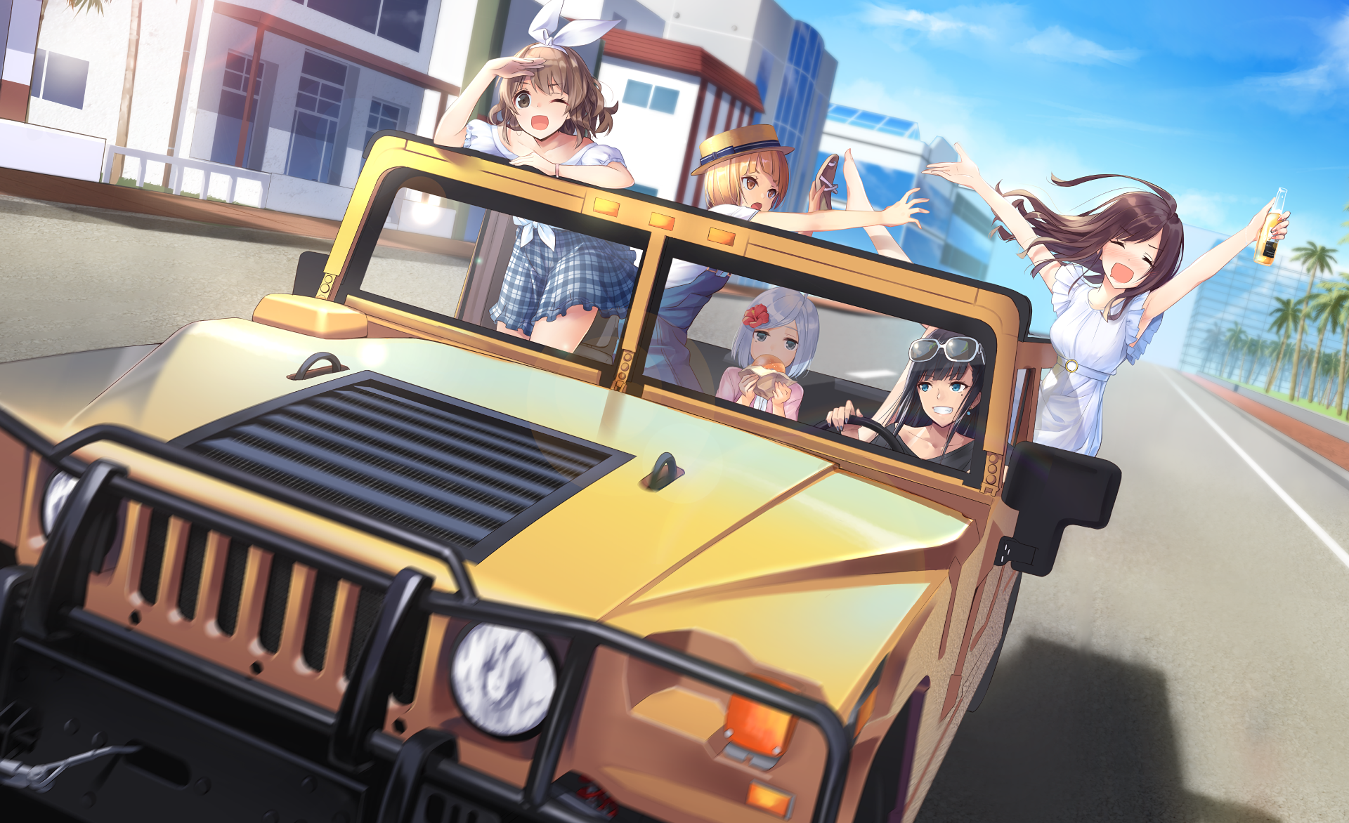 Anime-themed HD desktop wallpaper featuring original characters in a yellow convertible, driving through a sunny urban area with buildings and palm trees in the background.
