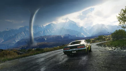 HD wallpaper of Just Cause 4 video game, featuring a car driving on a wet road towards mountains, with a tornado spiraling in the background.