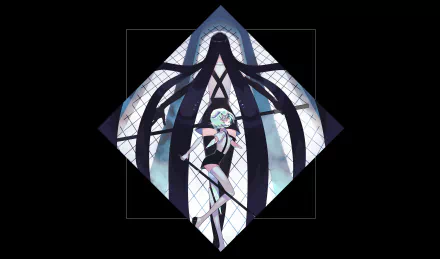 Bort (Diamond) from Land of the Lustrous — anime figure in a gothic arched crystalline frame with blue hues; 2K Quad HD PC desktop wallpaper/background.