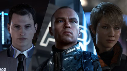 HD desktop wallpaper featuring Connor, Markus, and Kara from the video game Detroit: Become Human.