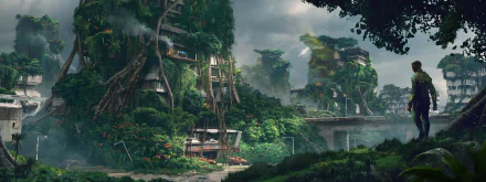HD PC desktop wallpaper from the video game Rage 2, depicting overgrown futuristic buildings surrounded by dense greenery under a cloudy sky.