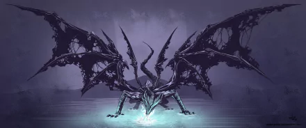 Dark Souls III fantasy scene featuring a menacing dragon with tattered wings emerging from a misty, dark environment, rendered in HD for PC desktop wallpaper.