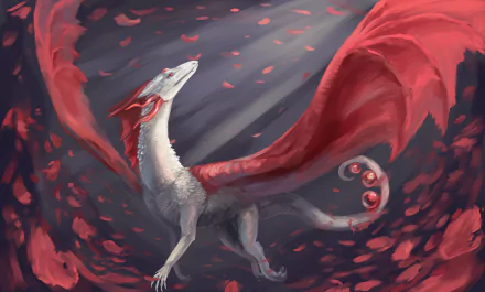 HD fantasy desktop wallpaper featuring a majestic dragon with red wings soaring amidst a flurry of red petals.