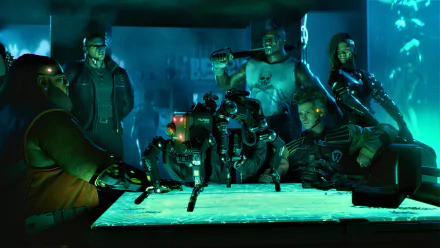 4K Ultra HD Cyberpunk 2077 PC desktop wallpaper featuring a group of futuristic characters gathered around a glowing table in a dark, neon-lit environment.
