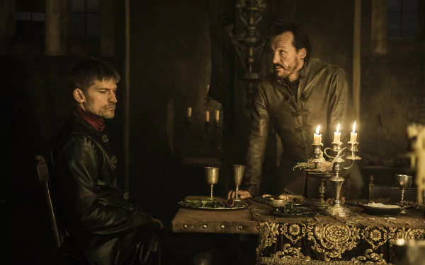 Jerome Flynn as Bronn and Nikolaj Coster-Waldau as Jaime Lannister in a dimly lit Game of Thrones scene, captured in 4K Ultra HD for PC desktop background.