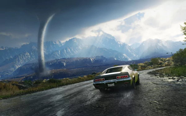HD wallpaper of Just Cause 4 video game, featuring a car driving on a wet road towards mountains, with a tornado spiraling in the background.