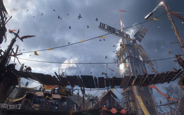 4K Ultra HD desktop wallpaper from the video game Dying Light 2: Stay Human, featuring a gloomy sky with birds and a towering structure connected by suspended walkways.