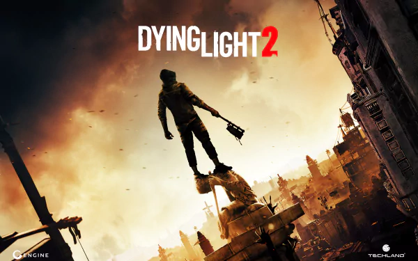8K Ultra HD wallpaper of Dying Light 2: Stay Human video game featuring a silhouetted figure holding a weapon overlooking a post-apocalyptic cityscape at sunset.