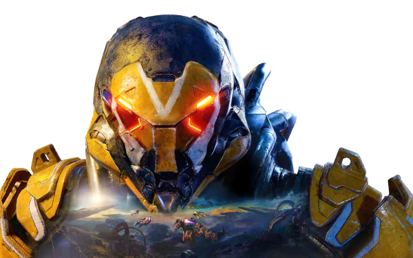 4K Ultra HD PC wallpaper featuring a close-up of a glowing armored character from the video game Anthem, set against a bright, white background.