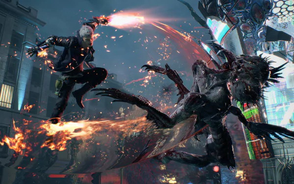Nero from Devil May Cry 5 battles a demonic creature in a dynamic 4K Ultra HD video game wallpaper for PC desktop background.