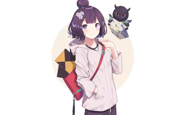 HD PC desktop wallpaper featuring Katsushika Hokusai character from the anime Fate/Grand Order, depicted with a small floating creature and traditional accessories.