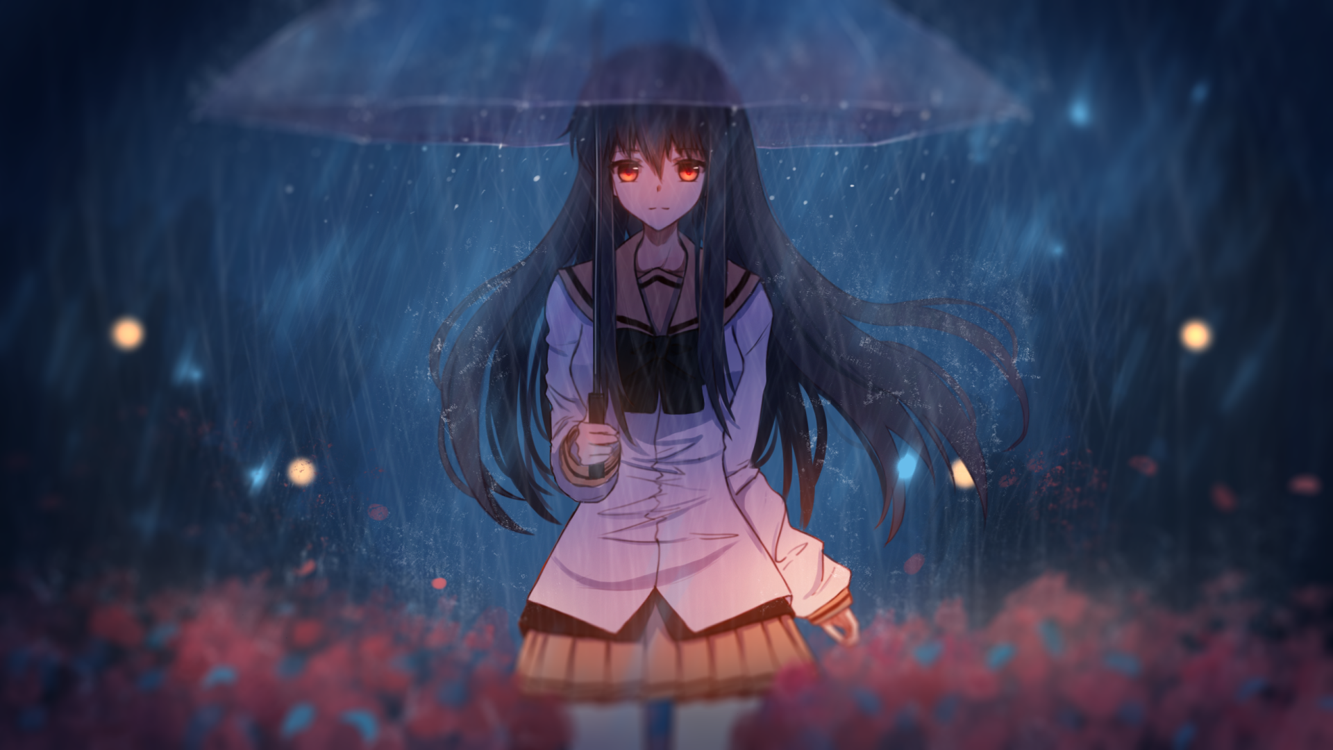 Anime-style HD PC desktop wallpaper from NOeSIS depicting a girl with long dark hair holding a transparent umbrella in a rainy, softly lit setting.