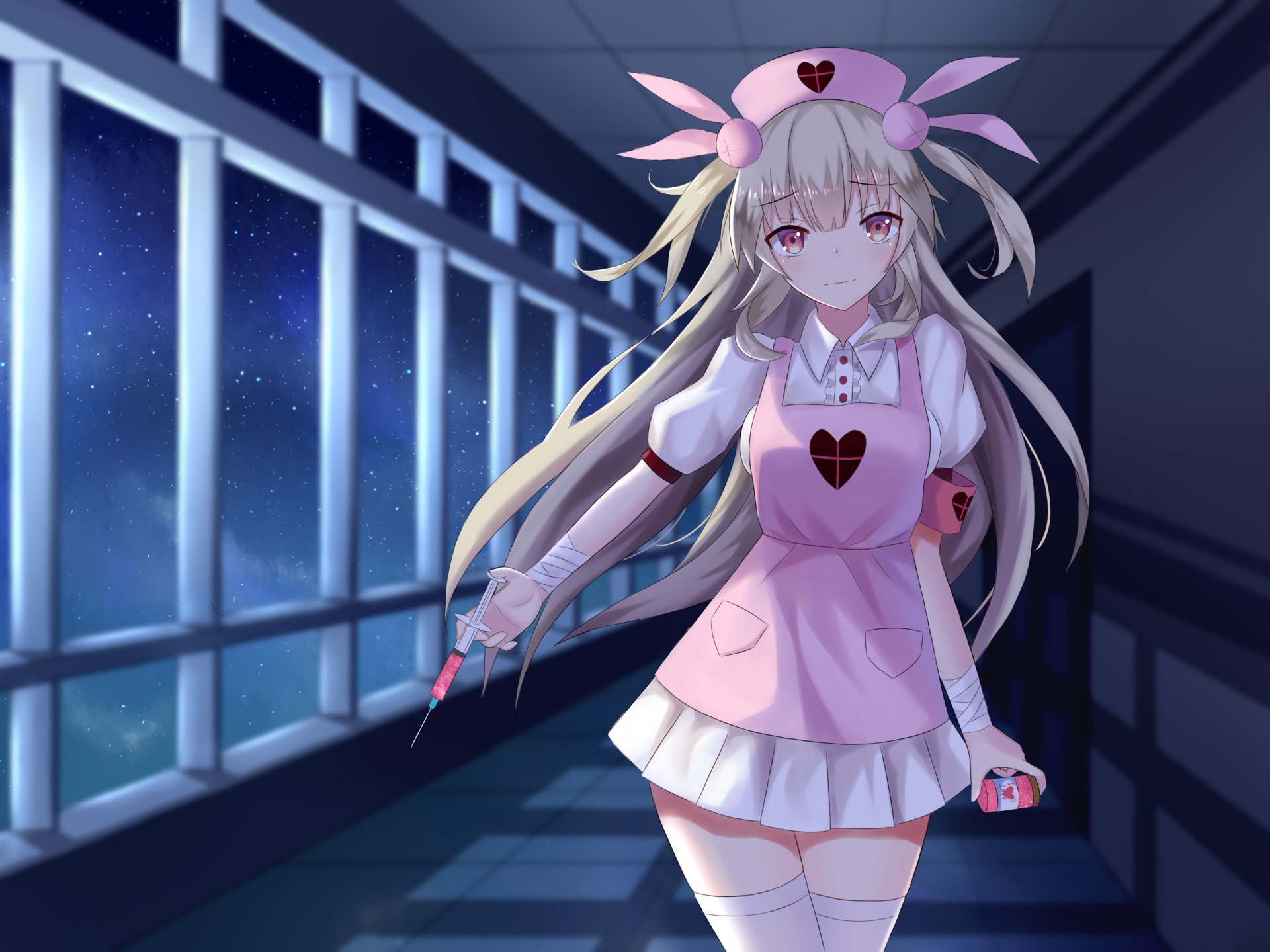 HD anime-style desktop wallpaper featuring Sana Natori, a Virtual YouTuber, standing in a dimly lit corridor with a serious expression and holding a syringe.