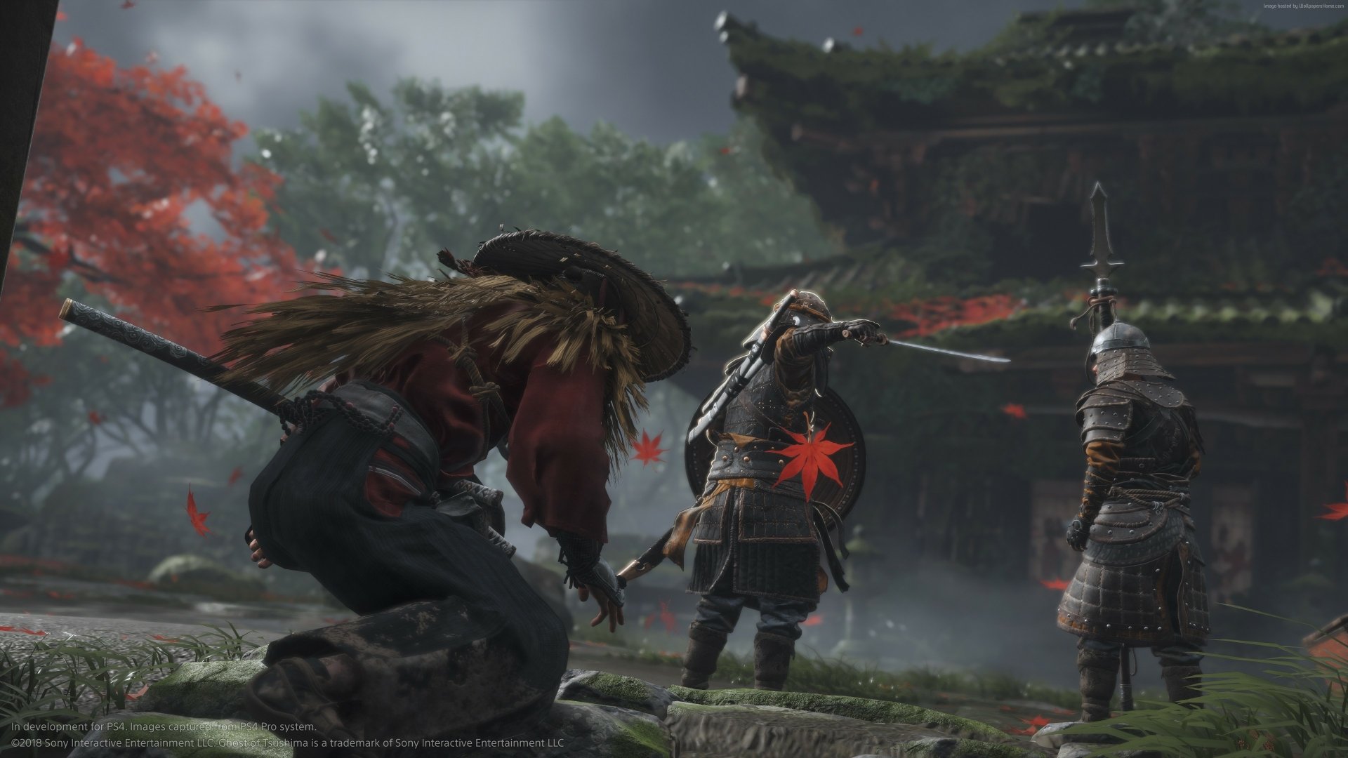 4K Ultra HD PC wallpaper: Jin Sakai from Ghost of Tsushima stands in samurai armor on mossy temple steps as red maple leaves fall, facing two armored figures in mist.