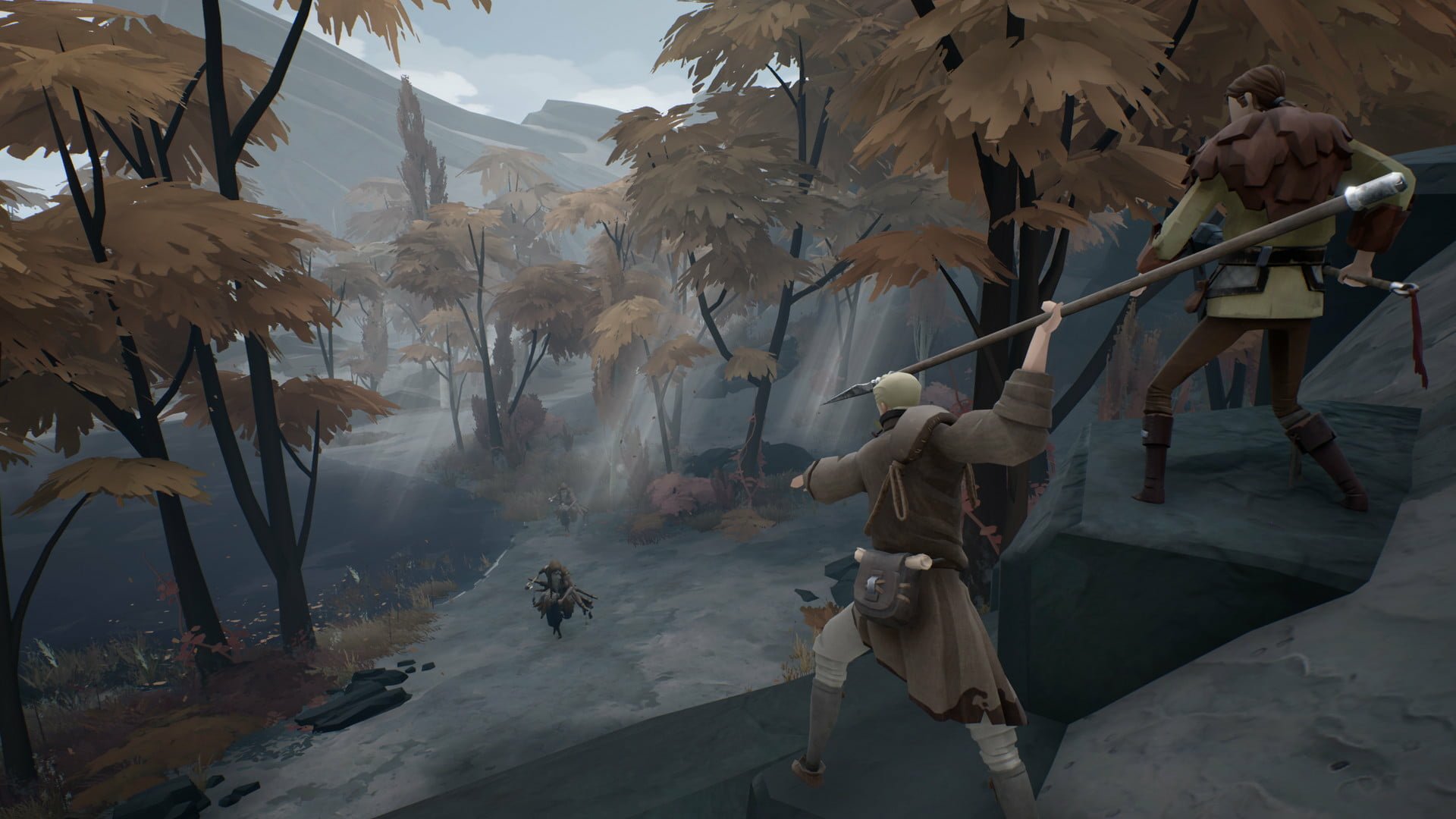 HD desktop wallpaper depicting a scene from the game Ashen with two characters exploring a misty, autumnal woodland.