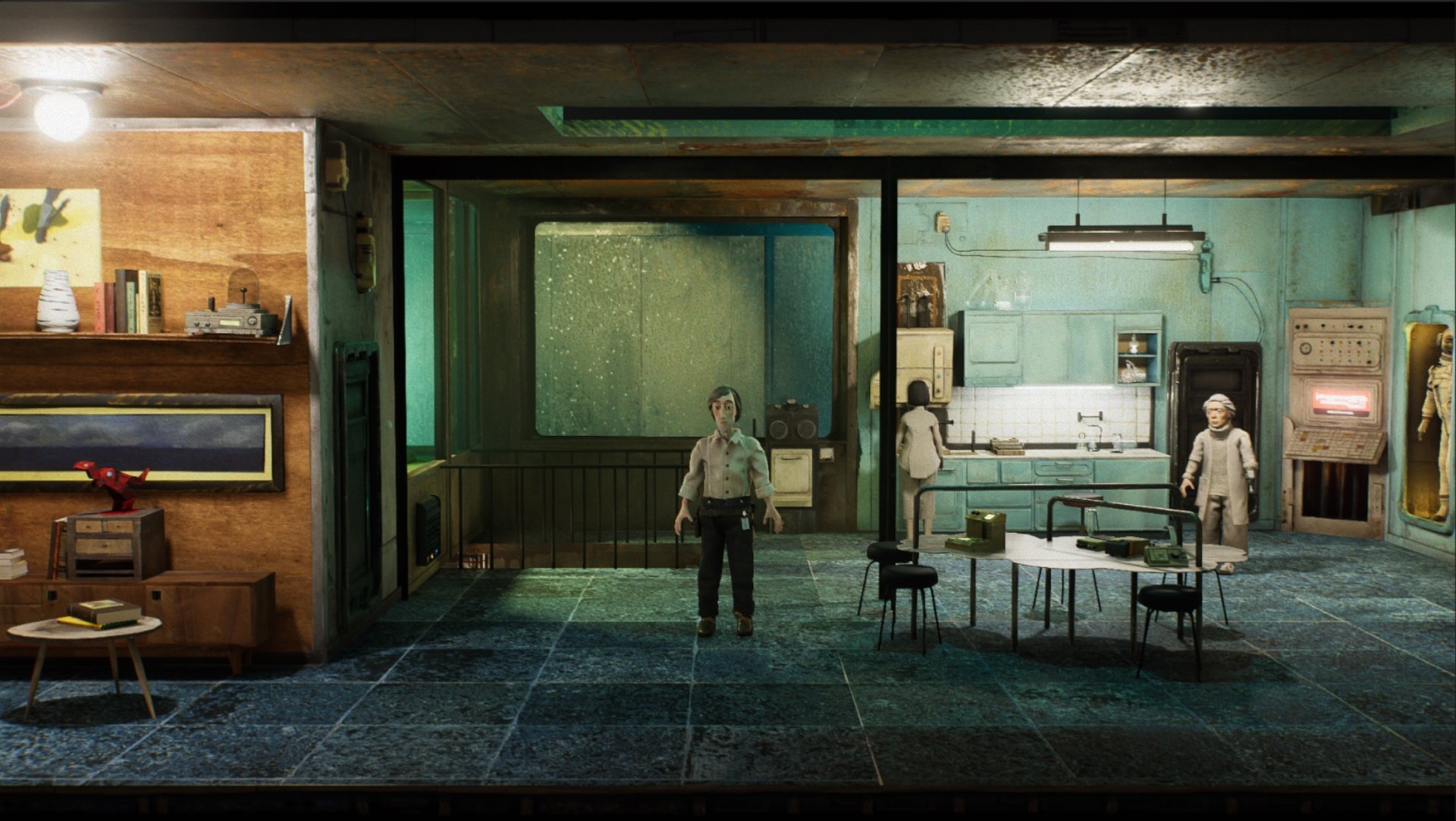 HD wallpaper of a scene from Harold Halibut, featuring characters in a detailed, atmospheric underwater station interior.