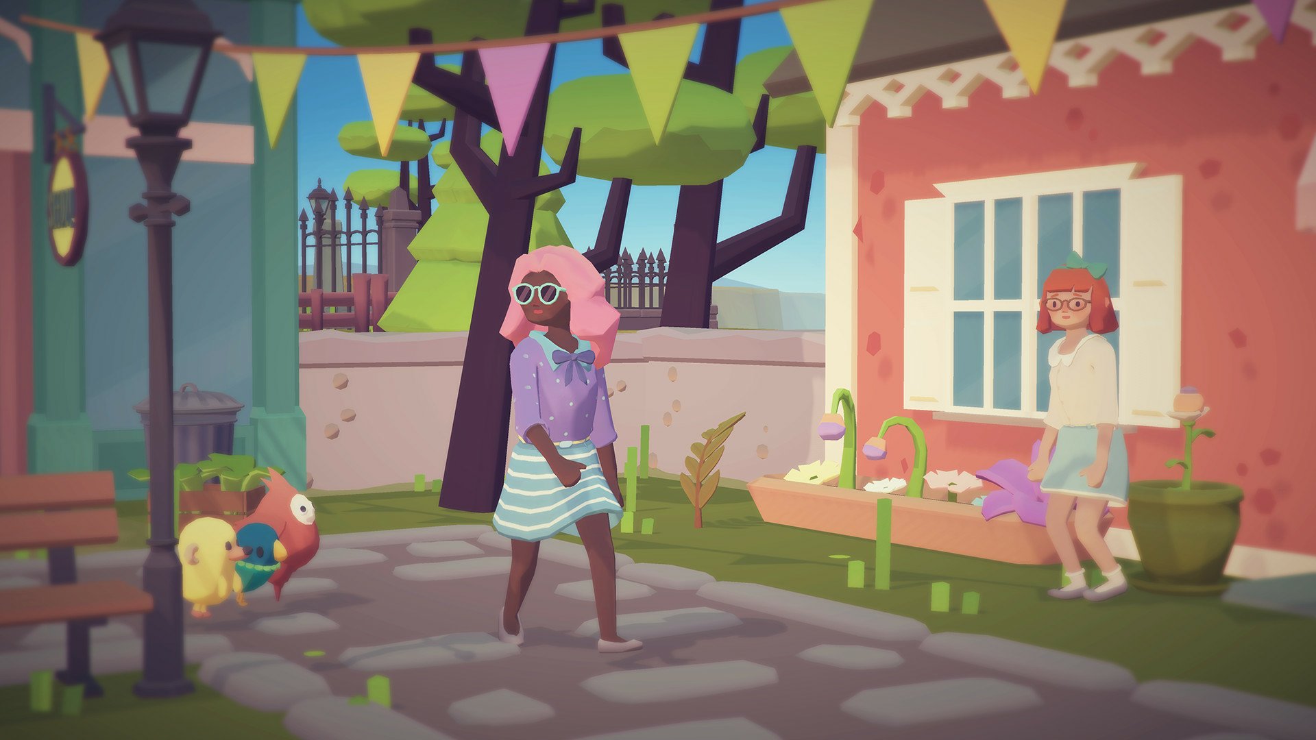 HD desktop wallpaper from Ooblets game, featuring an animated character with pink hair and creatures in a colorful village setting.