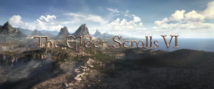 2K Quad HD PC desktop wallpaper of the video game The Elder Scrolls VI: sweeping mountainous landscape under a cloudy sky with the game's logo across the foreground.