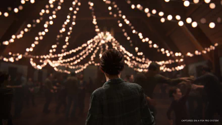 HD wallpaper from The Last of Us Part II featuring Ellie in the foreground, gazing at a warmly lit dance hall adorned with string lights, capturing an atmospheric moment from the video game.