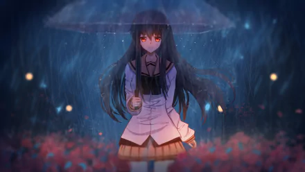 Anime-style HD PC desktop wallpaper from NOeSIS depicting a girl with long dark hair holding a transparent umbrella in a rainy, softly lit setting.