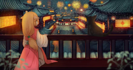 Tushan Susu (Fox Spirit Matchmaker) — anime scene of her on a balcony overlooking lantern-lit rooftops and fireworks; 4K Ultra HD PC desktop wallpaper/background.
