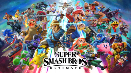 HD desktop wallpaper of Super Smash Bros. Ultimate, featuring an epic, dynamic collage of various iconic video game characters in action poses.