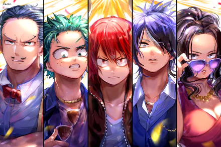 HD desktop wallpaper featuring Shoto Todoroki, Eijiro Kirishima, Momo Yaoyorozu, Tenya Iida, and Izuku Midoriya from the anime My Hero Academia, showcasing vibrant and dynamic character art.